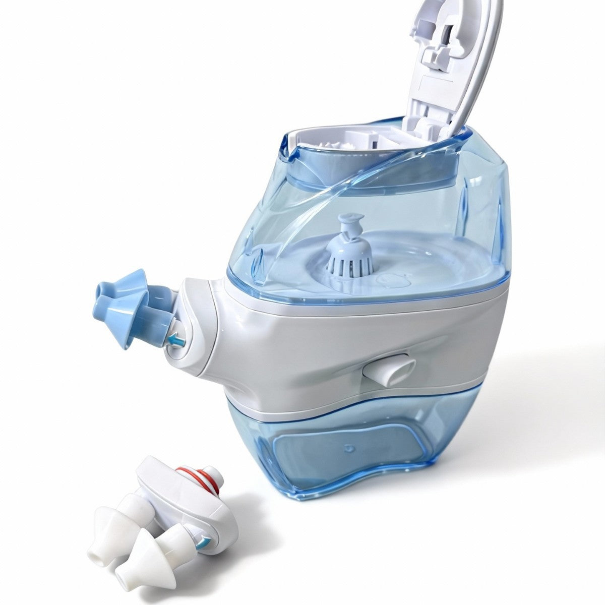 STILLWELL electric nasal irrigator with lid open showing the water reservoir and interchangeable nozzle